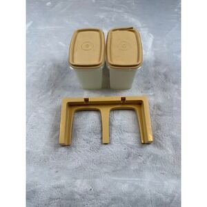 Tupperware Canisters Set of 2 with Stand Beige Tan Vintage Kitchen Storage